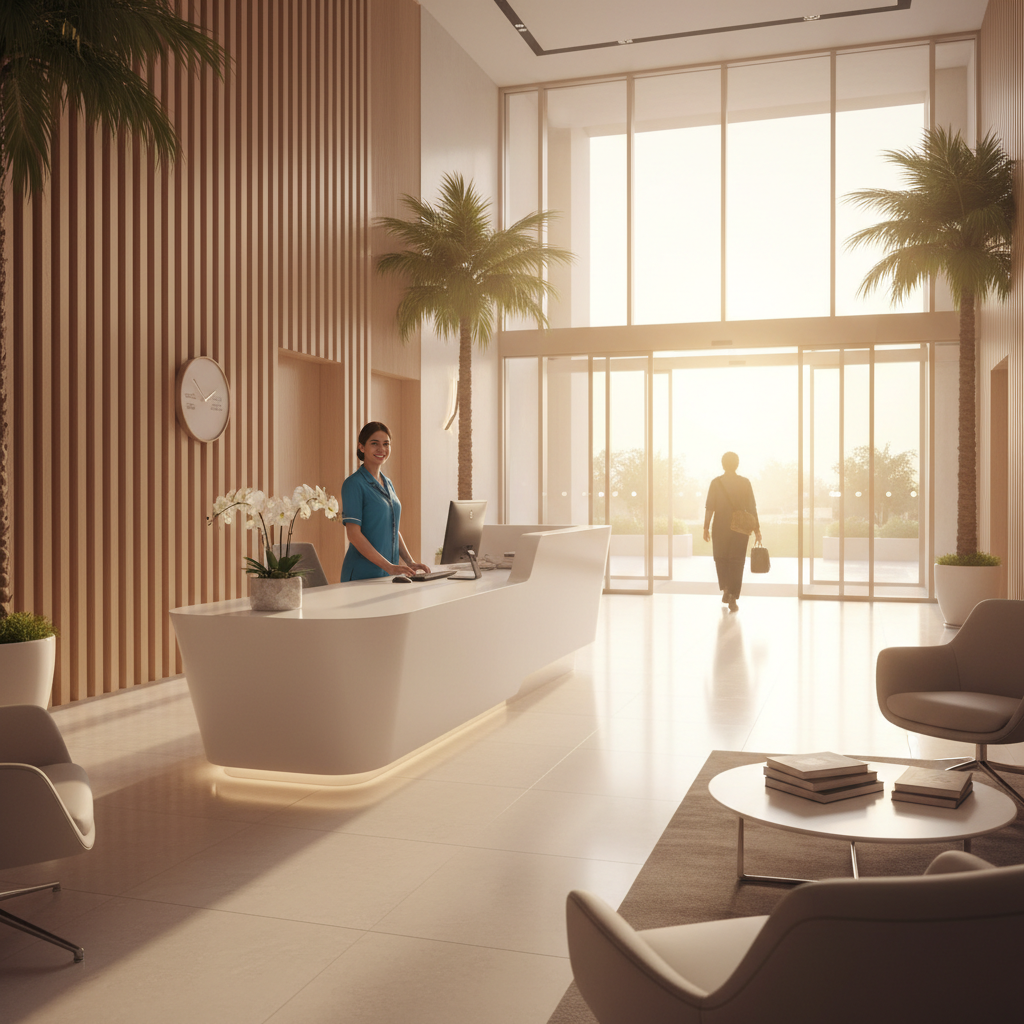 A patient leaving a modern private hospital reception, walking away toward sunlit glass doors