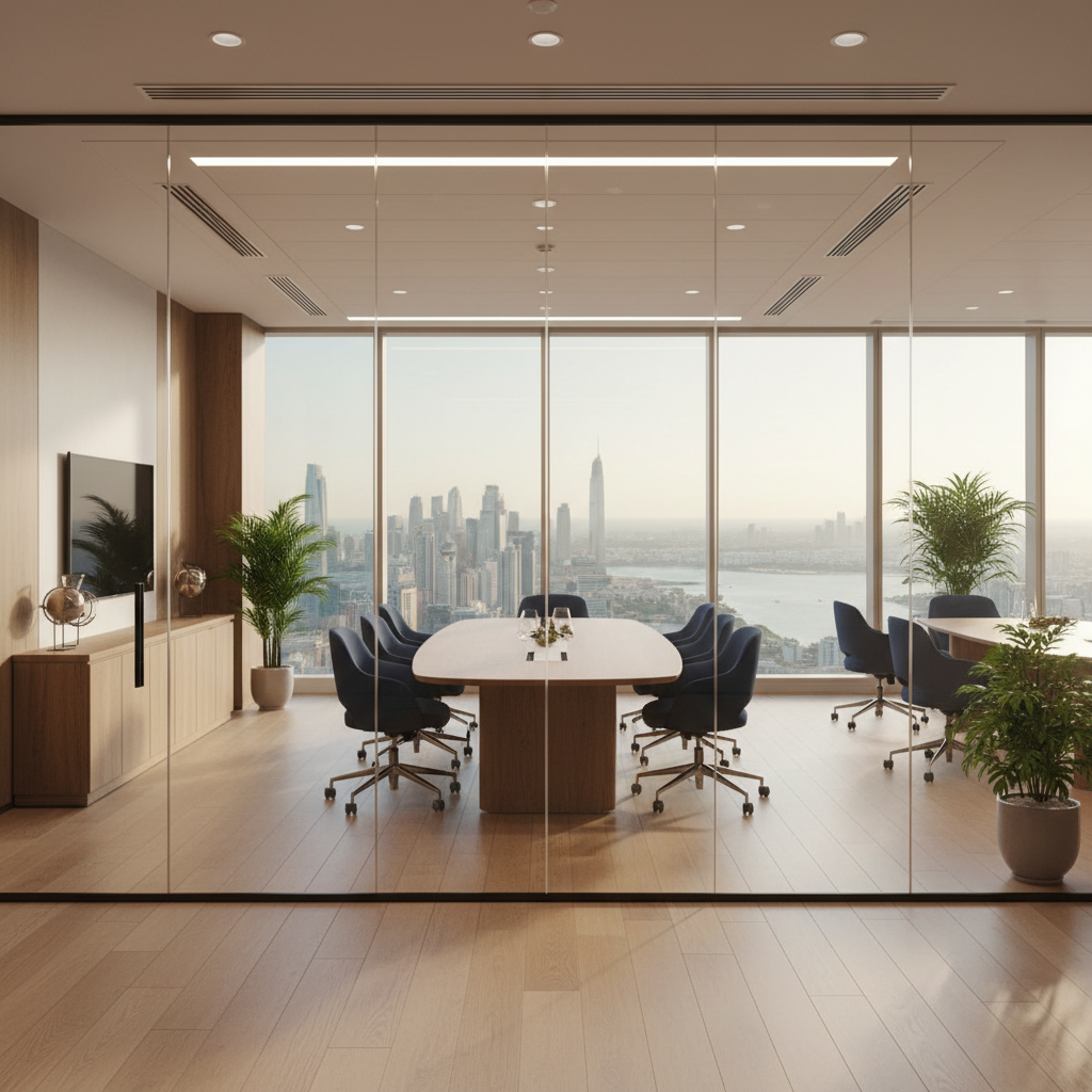 A modern private healthcare leadership boardroom overlooking a Gulf city skyline